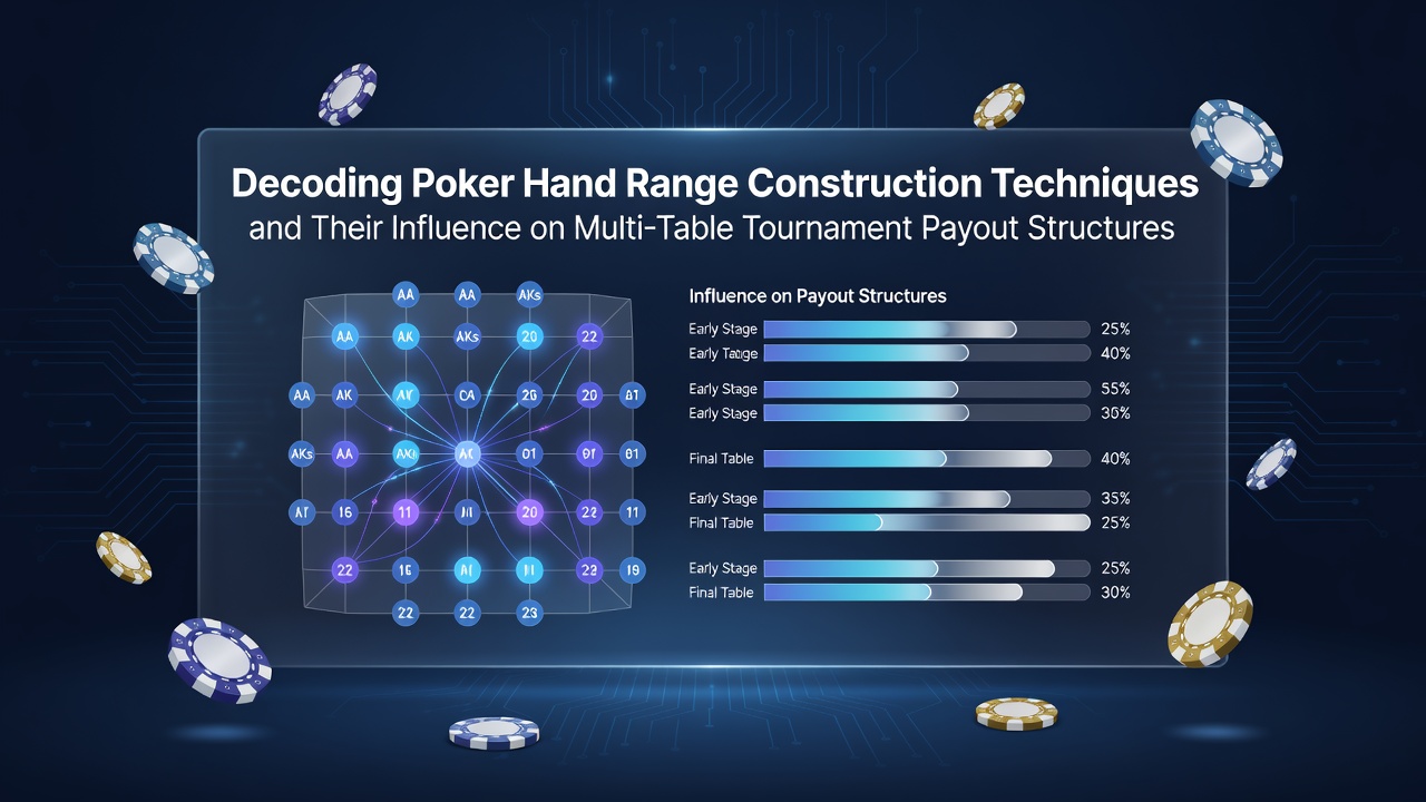 Poker players analyzing hand ranges at a multi-table tournament table with chips and cards visible