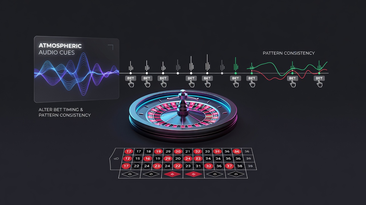 Heatmap visualization of betting patterns overlaid on roulette table layout with audio cue markers indicating timing clusters