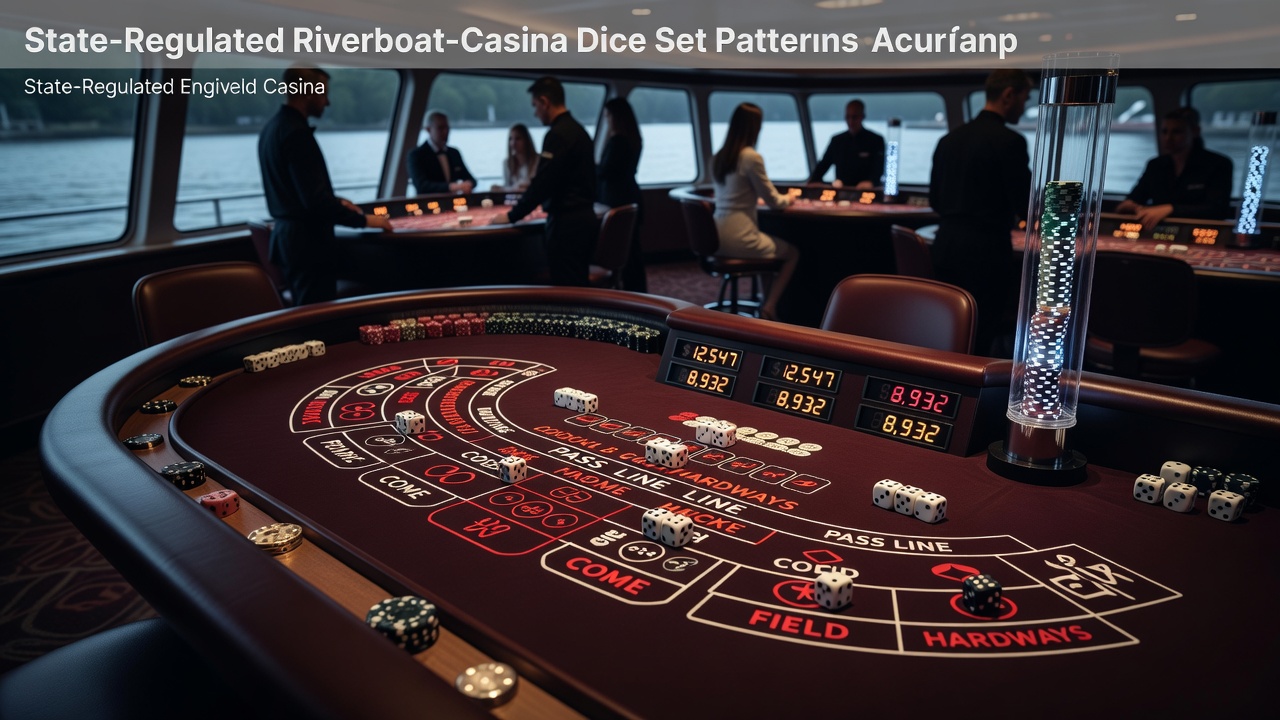 Craps table layout on a riverboat casino floor showing dice and betting areas