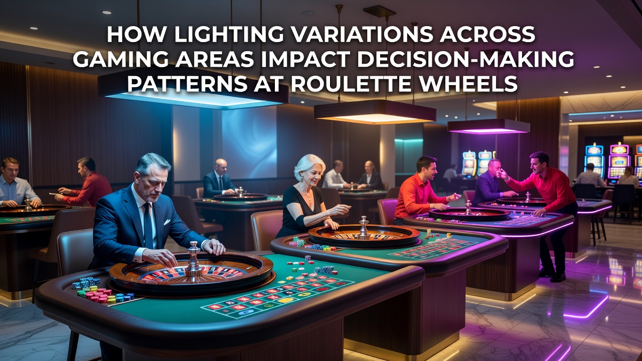 Roulette wheel under varying casino lighting conditions showing player decision zones and ambient effects