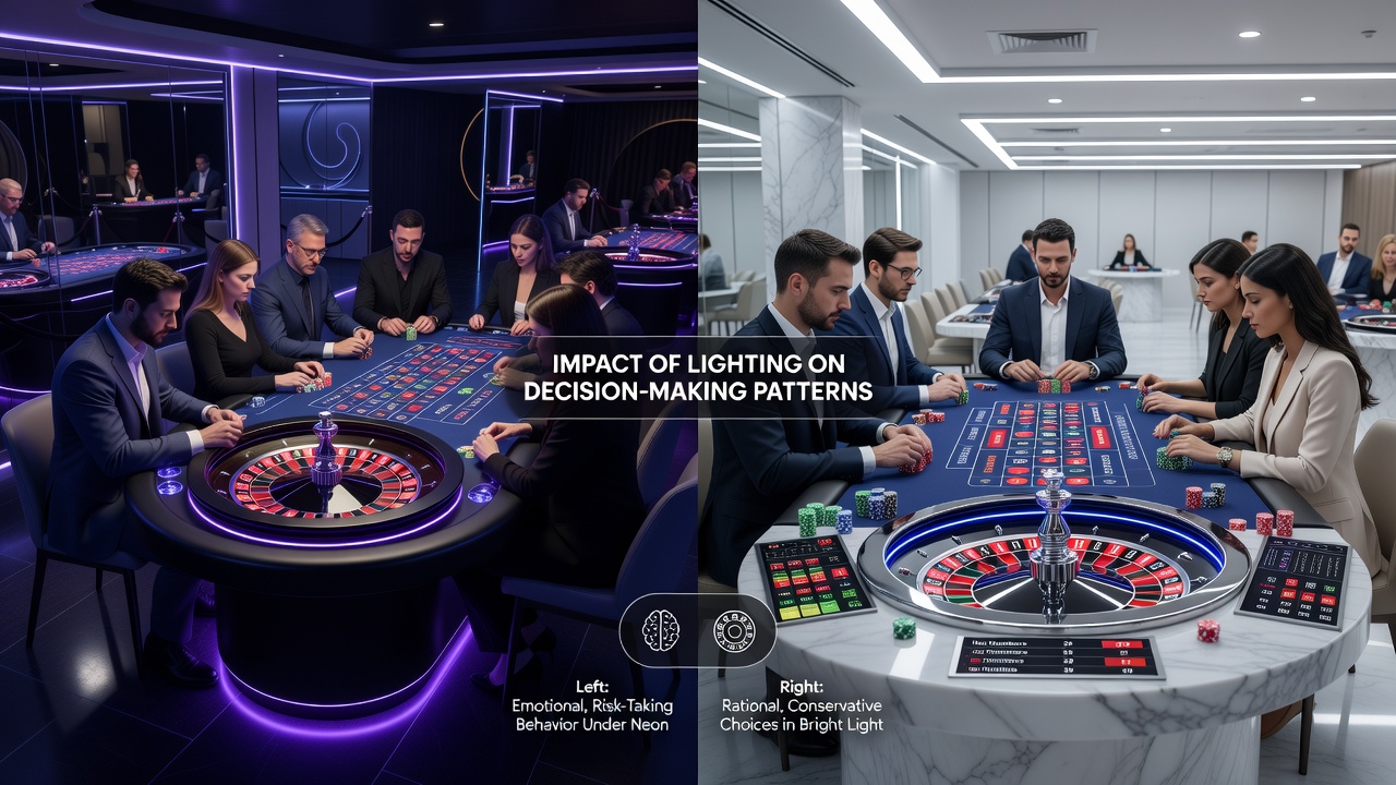 Comparison of roulette table lighting setups in main floor versus private salon environments
