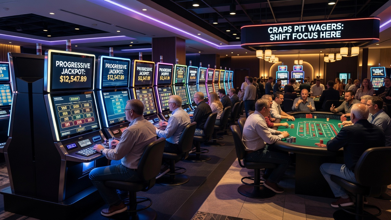 Hybrid casino floor layout showing video poker banks adjacent to craps pits with progressive jackpot displays