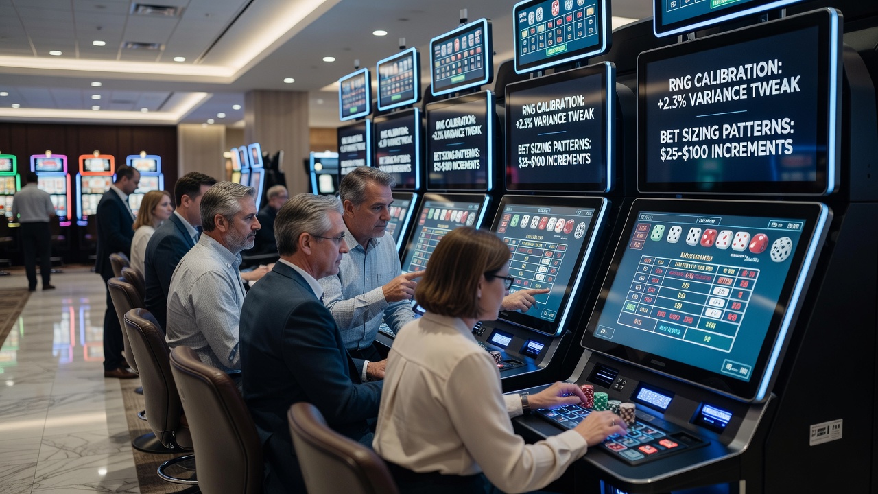 Digital craps interface showing RNG calibration metrics and player bet adjustments at a mid-tier casino floor