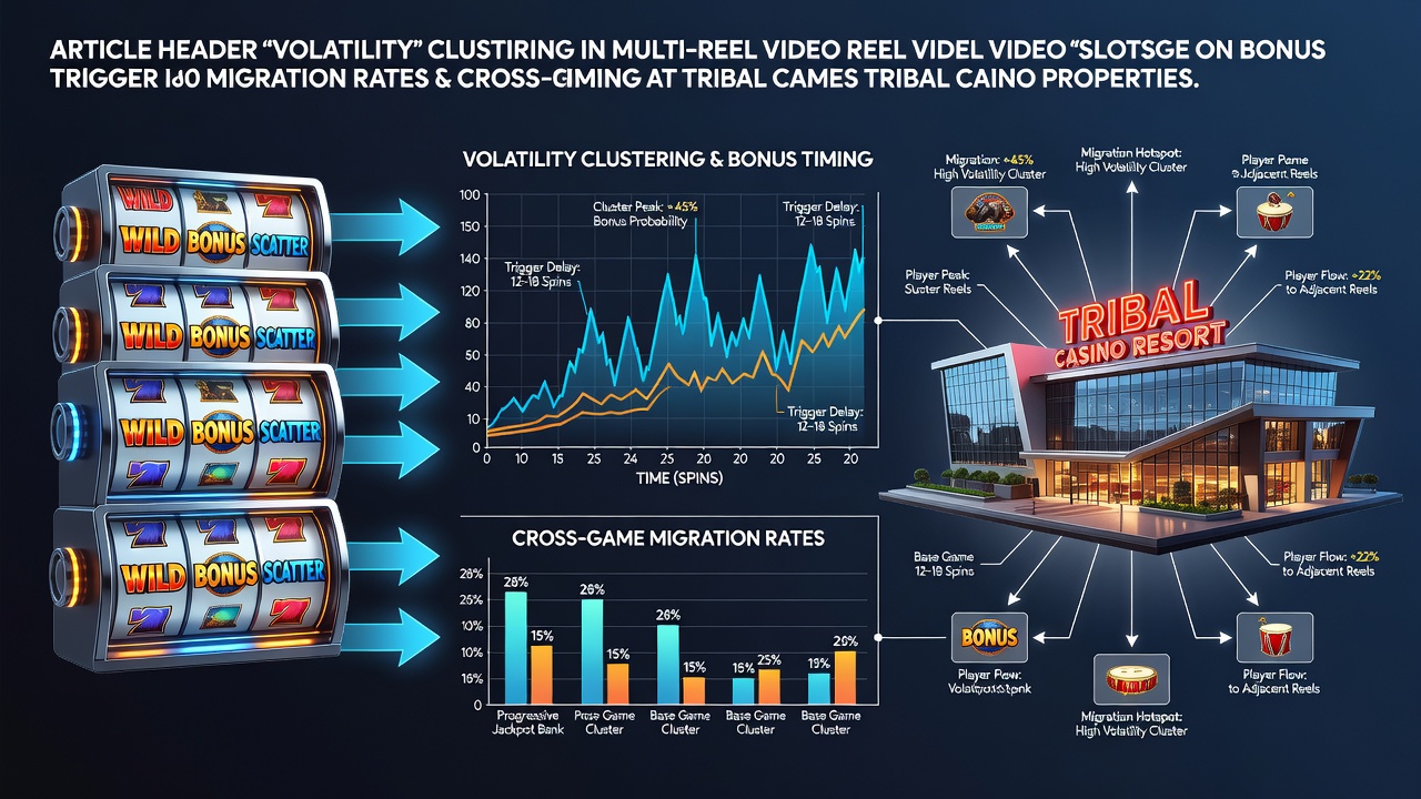 Multi-reel video slot machines on a tribal casino floor showing clustered volatility patterns during peak hours
