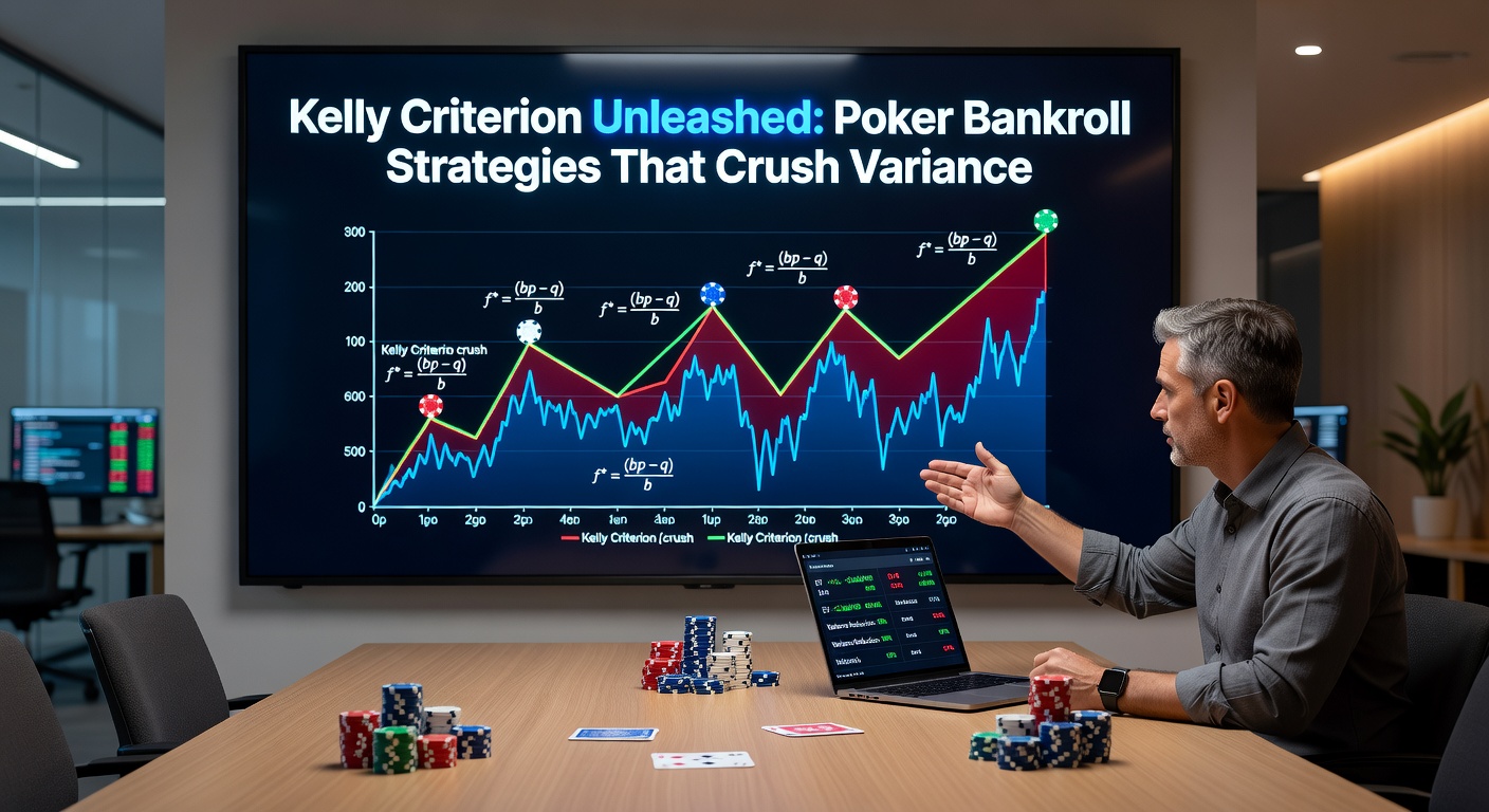 Poker player at a tournament table reviewing bankroll charts on a laptop, with Kelly formula overlaid and variance simulation graphs visible on screen