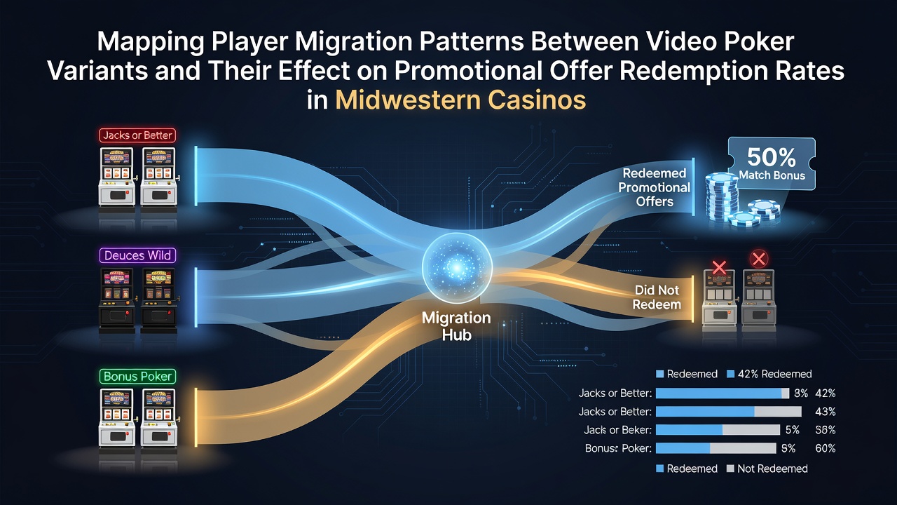 Casino floor with rows of video poker machines showing different game variants and player activity in a Midwestern gaming venue