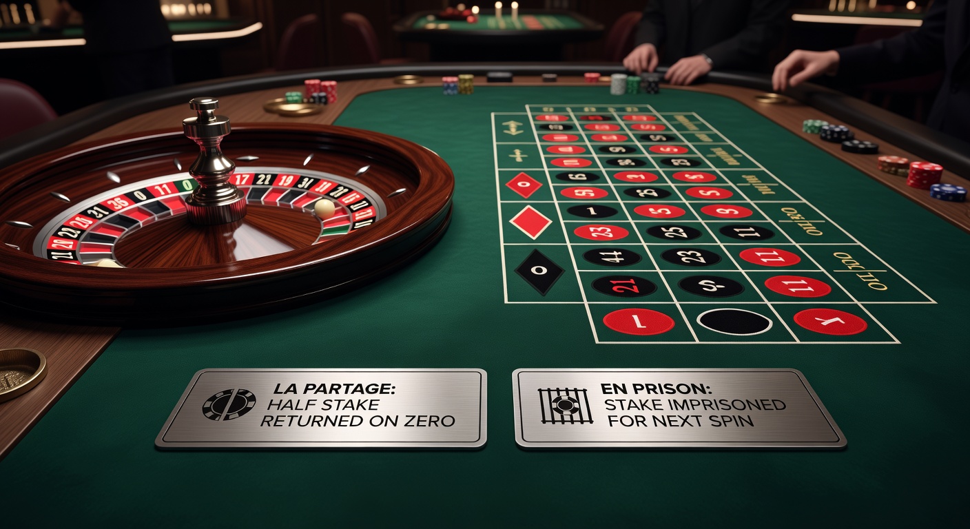 Close-up of a roulette table layout with En Prison marker on an even-money bet, ball landing near the zero pocket during a tense re-spin