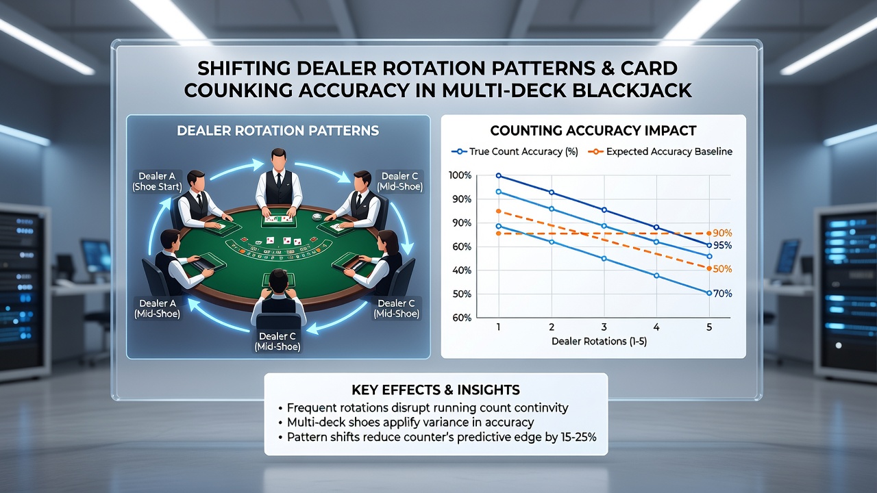 Close-up view of a multi-deck blackjack shoe and discard tray during dealer handoff