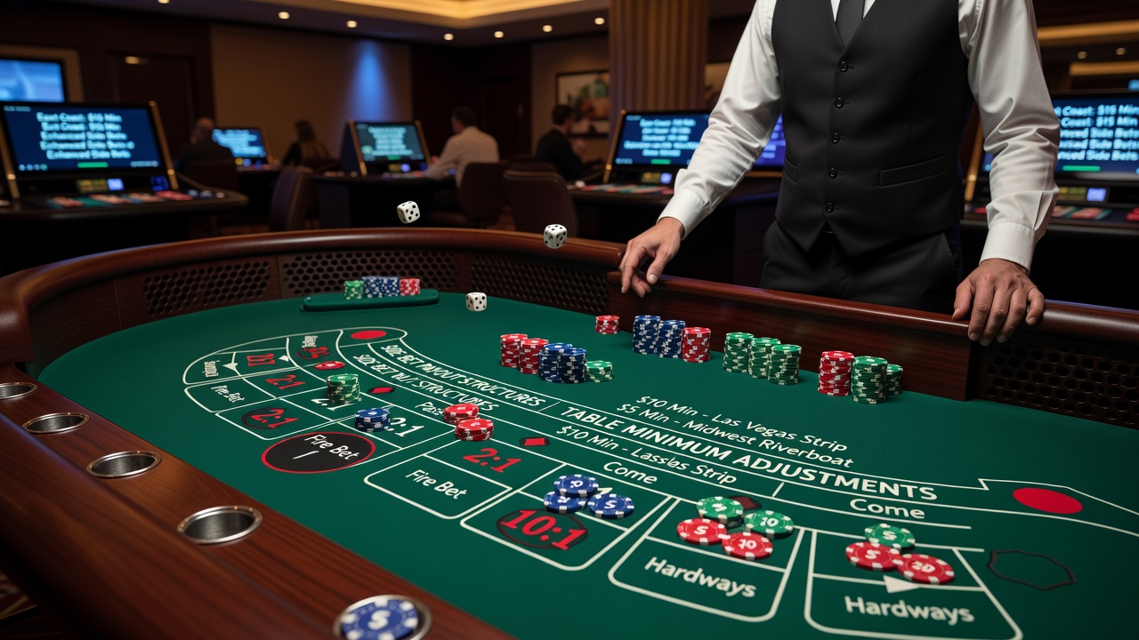 Regional craps venue floor with multiple tables displaying varied minimum signs and side bet signage