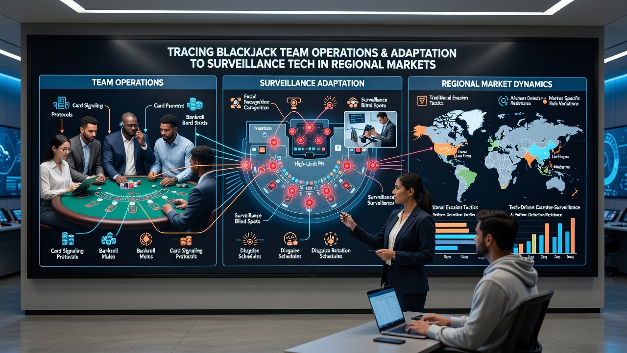 Regional casino surveillance control room reviewing blackjack team activity patterns