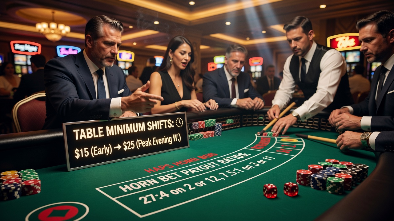 Dealer adjusting table minimum sign during evening rush at craps pit